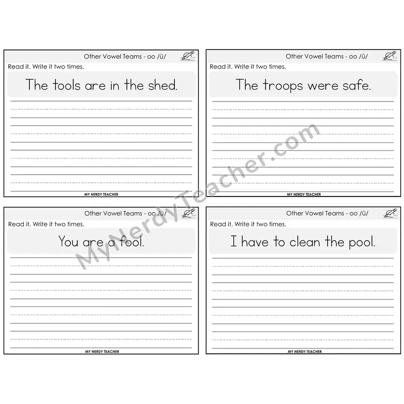 Long OO (/ū/) Read It Write It Task Cards — Decodable Sentences