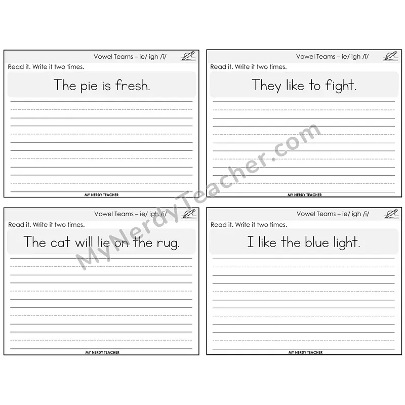 Long I Vowel Teams (ie, igh) Read It Write It Task Cards — Decodable Sentences
