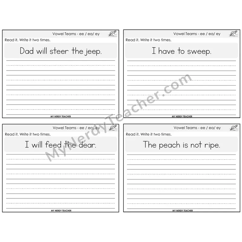 Long E Vowel Teams (ee, ea, ey) Read It Write It Task Cards — Decodable Sentences