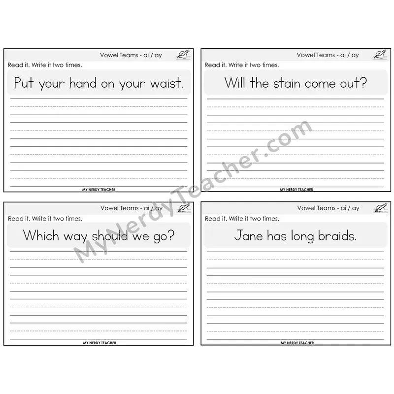 Long A Vowel Teams (ai, ay) Read It Write It Task Cards — Decodable Sentences