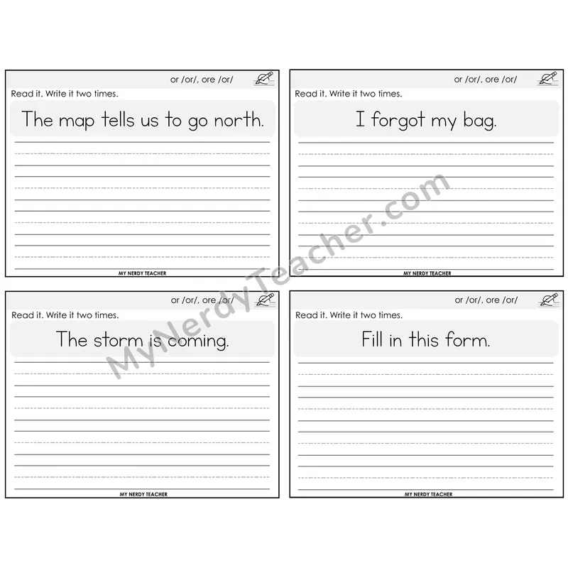 R-Controlled OR and ORE Read It Write It Task Cards — Decodable Sentences