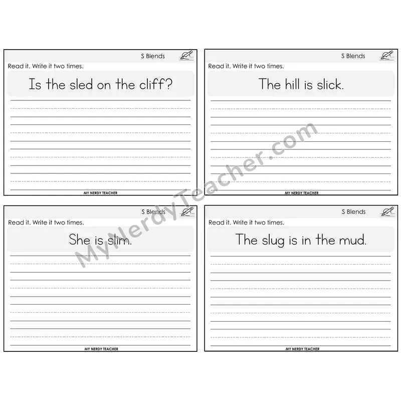 S Blends Read It Write It Task Cards — Decodable Sentences