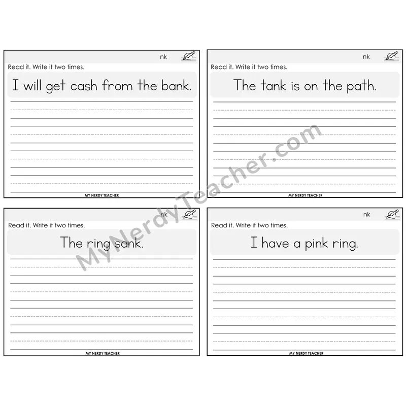 NK Digraph Read It Write It Task Cards — Decodable Sentences
