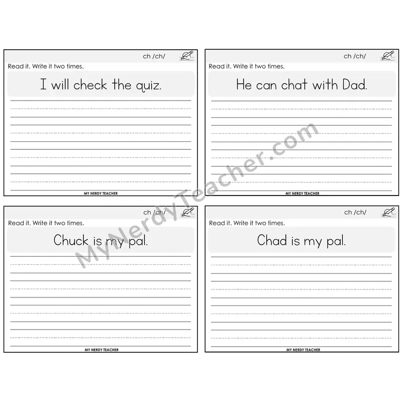 CH Digraph Read It Write It Task Cards — Decodable Sentences