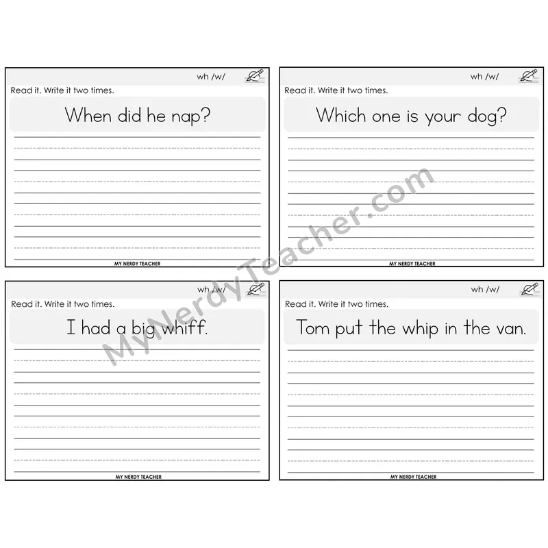 WH Digraph Read It Write It Task Cards — Decodable Sentences