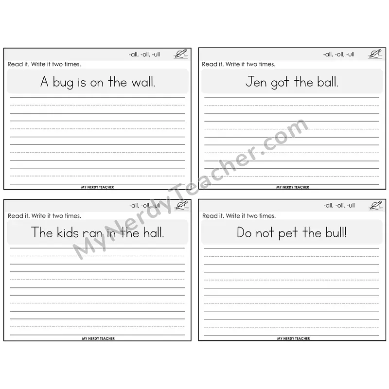 All, Oll, Ull Read It Write It Task Cards — Decodable Sentences