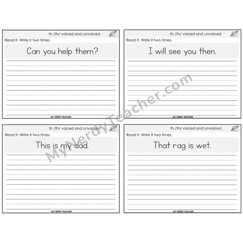 TH Digraph (Voiced + Unvoiced) Read It Write It Task Cards — Decodable Sentences