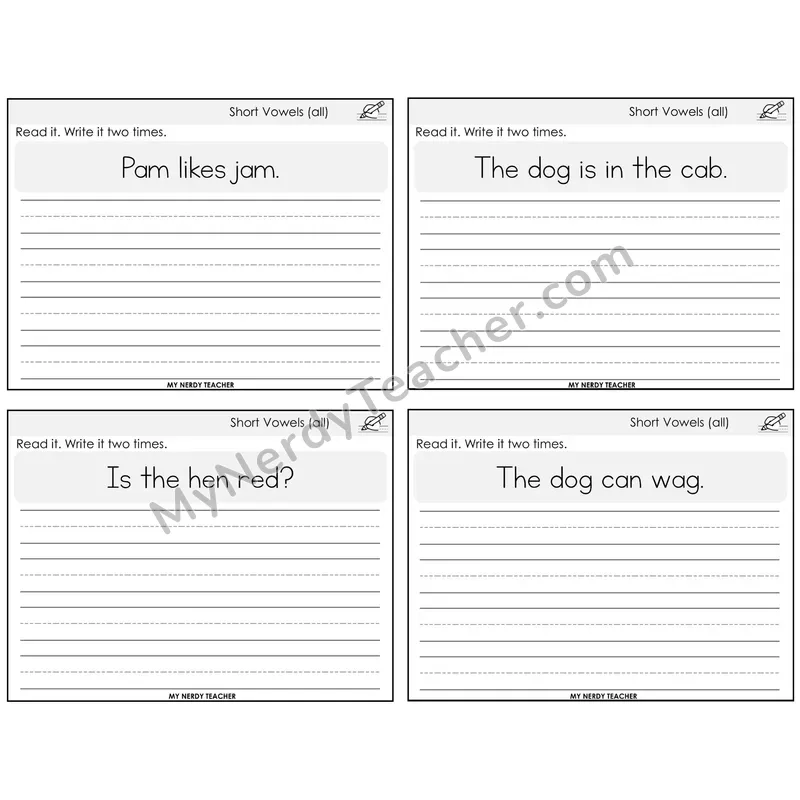 Short Vowels Review Read It Write It Task Cards — Decodable Sentences
