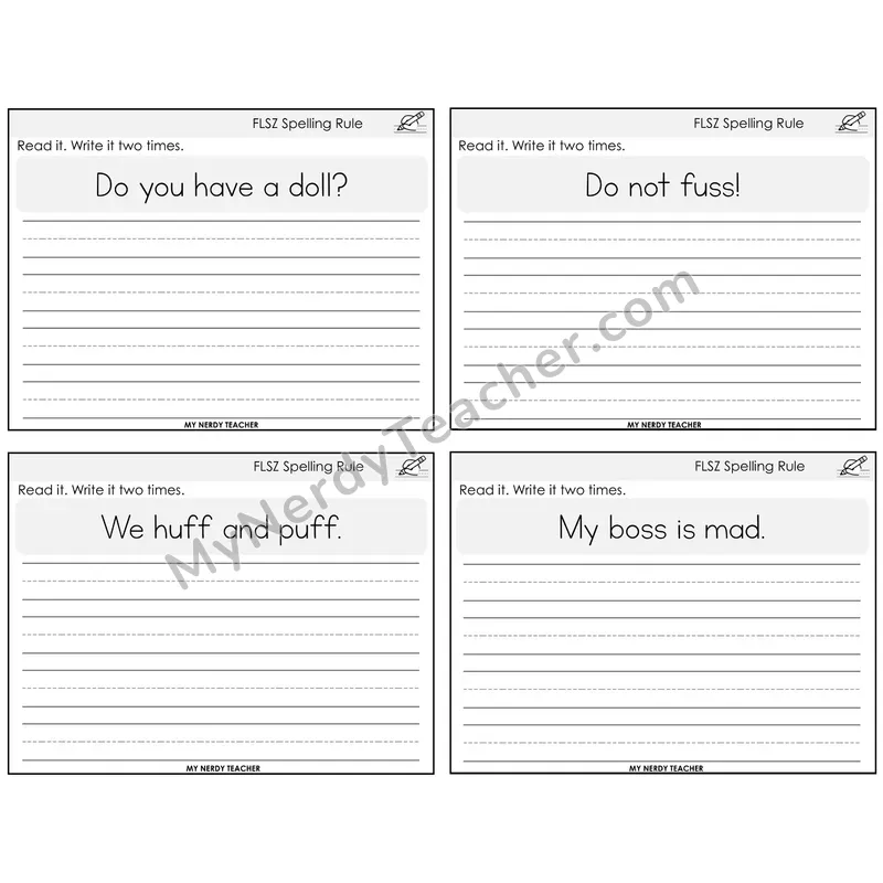 FLSZ Spelling Rule Read It Write It Task Cards — Decodable Sentences
