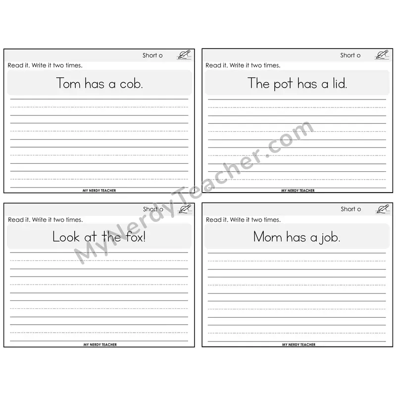 Short O Read It Write It Task Cards — Decodable Sentences