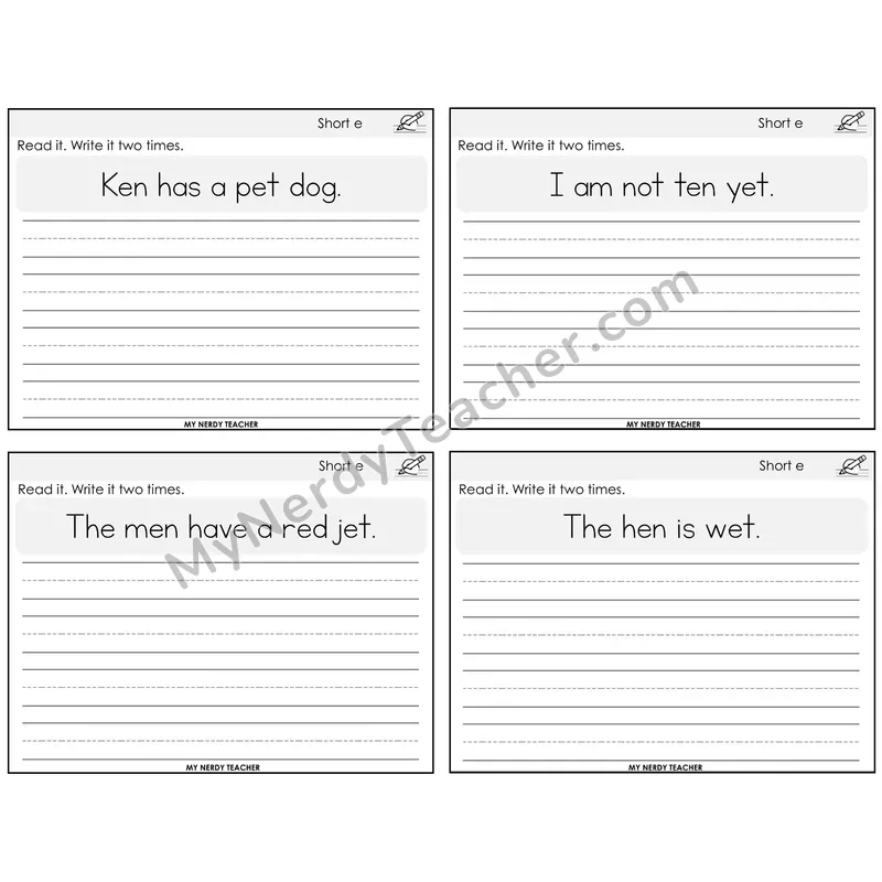 Short E Read It Write It Task Cards — Decodable Sentences