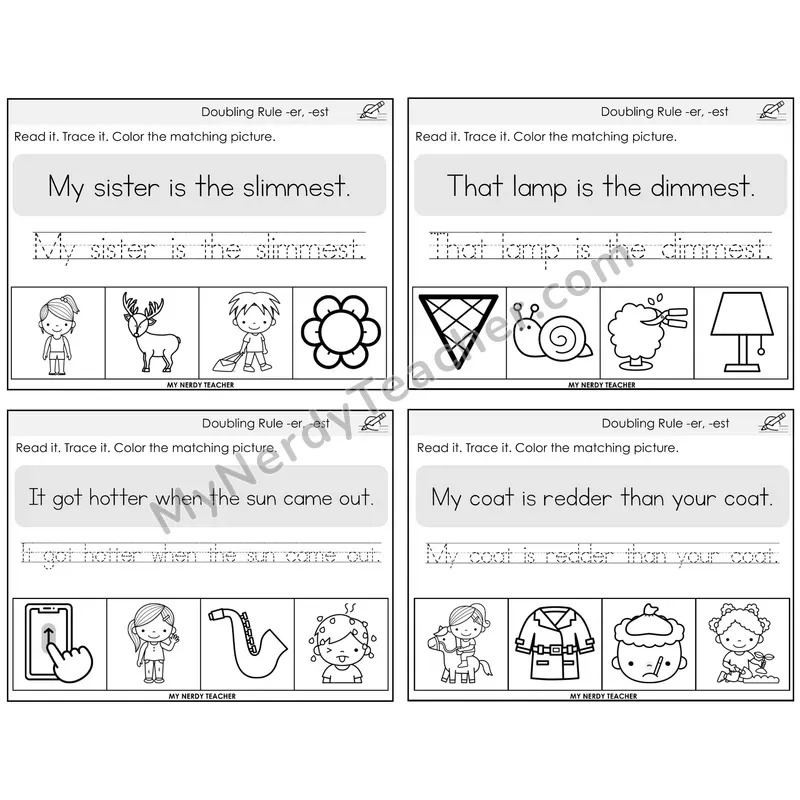 Doubling Rule -er, -est Read It Trace It Color It Task Cards — Decodable Sentences