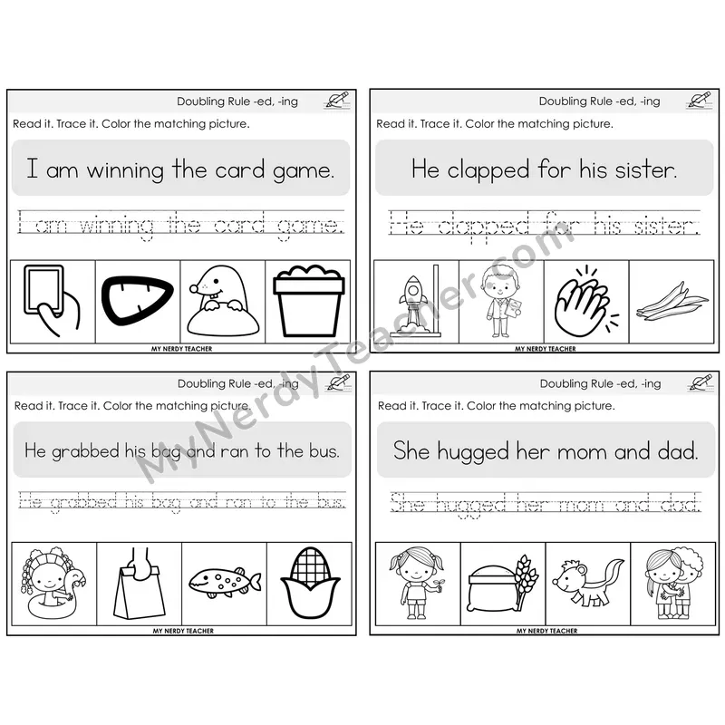 Doubling Rule -ed, -ing Read It Trace It Color It Task Cards — Decodable Sentences