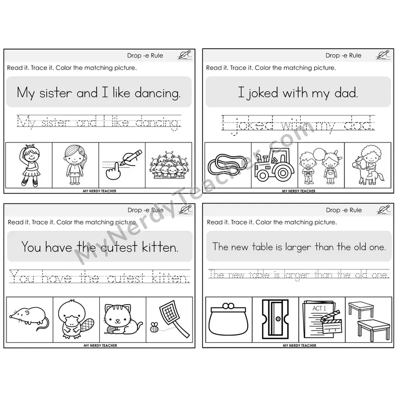 Drop -e Rule Read It Trace It Color It Task Cards — Decodable Sentences