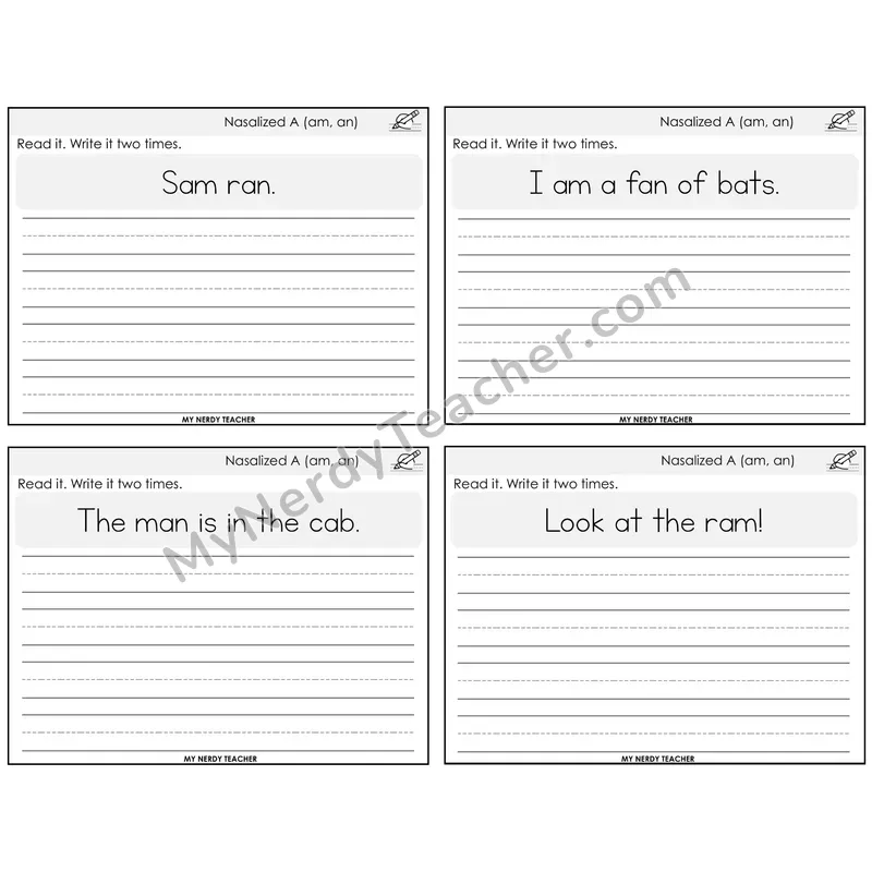 Nasalized A (am, an) Read It Write It Task Cards — Decodable Sentences
