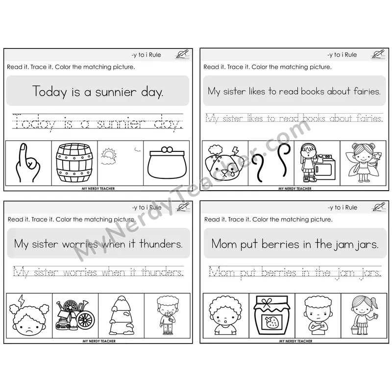 Y to I Rule Read It Trace It Color It Task Cards — Decodable Sentences