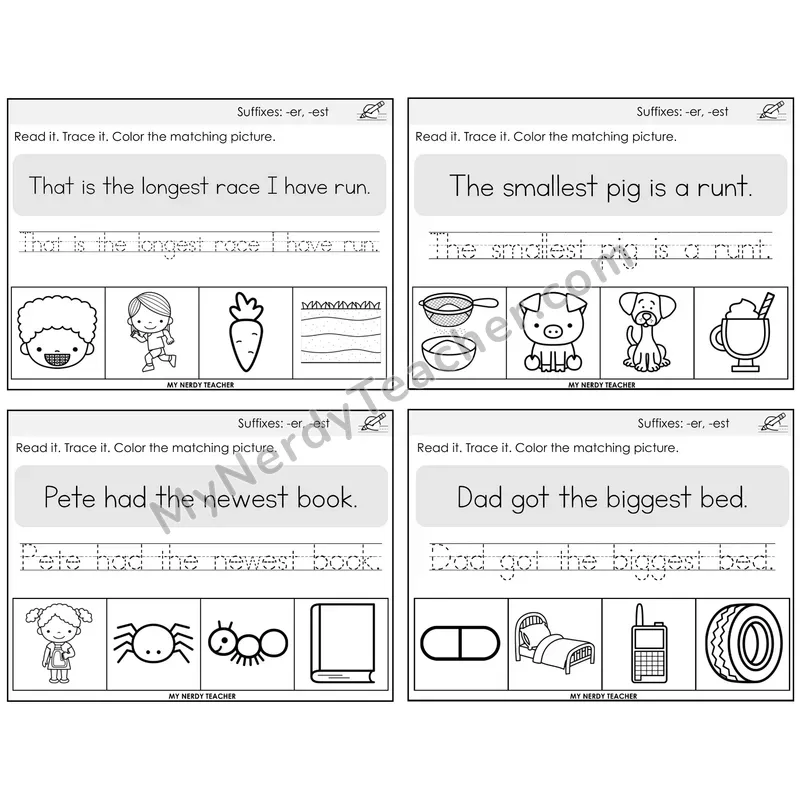 Suffixes -er and -est Read It Trace It Color It Task Cards — Decodable Sentences