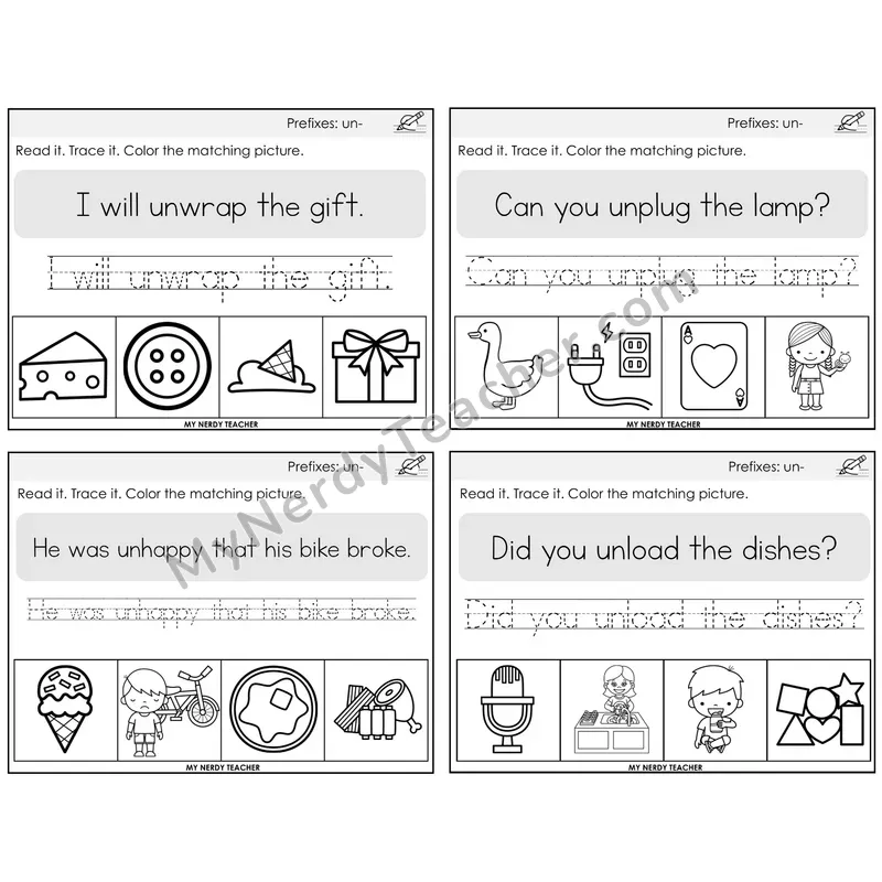 Prefix un- Read It Trace It Color It Task Cards — Decodable Sentences