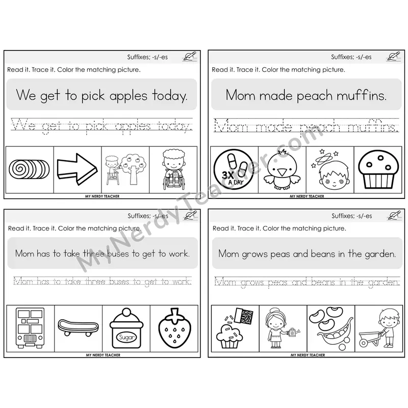 Suffixes -s and -es Read It Trace It Color It Task Cards — Decodable Sentences