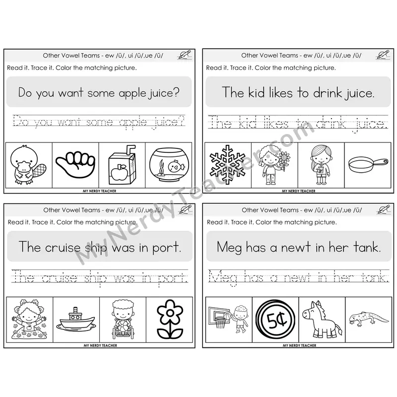 Long U (ew, ui, ue) Read It Trace It Color It Task Cards — Decodable Sentences