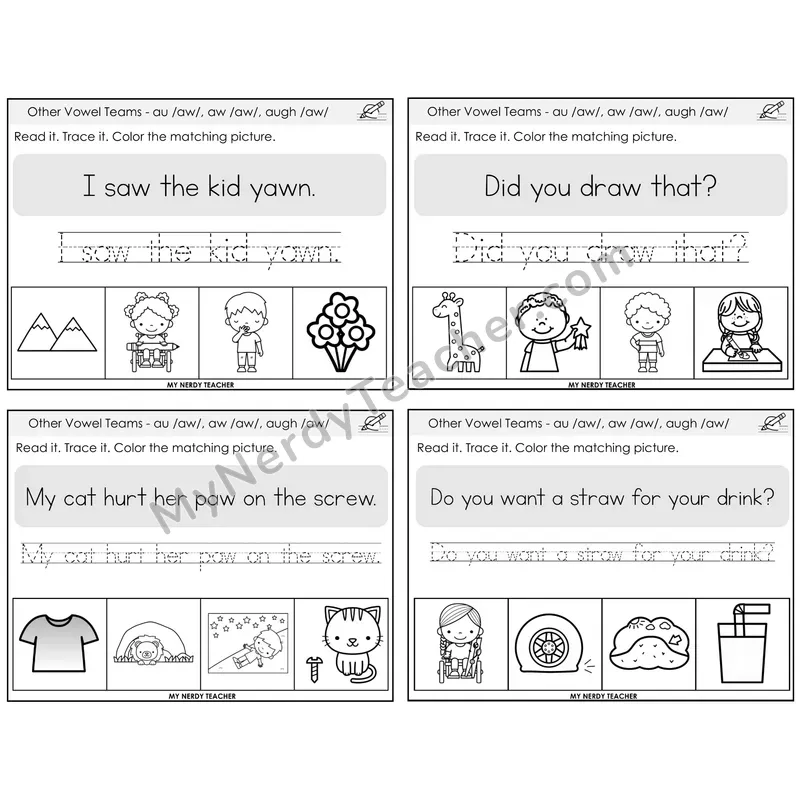 AU, AW, AUGH (/aw/) Read It Trace It Color It Task Cards — Decodable Sentences