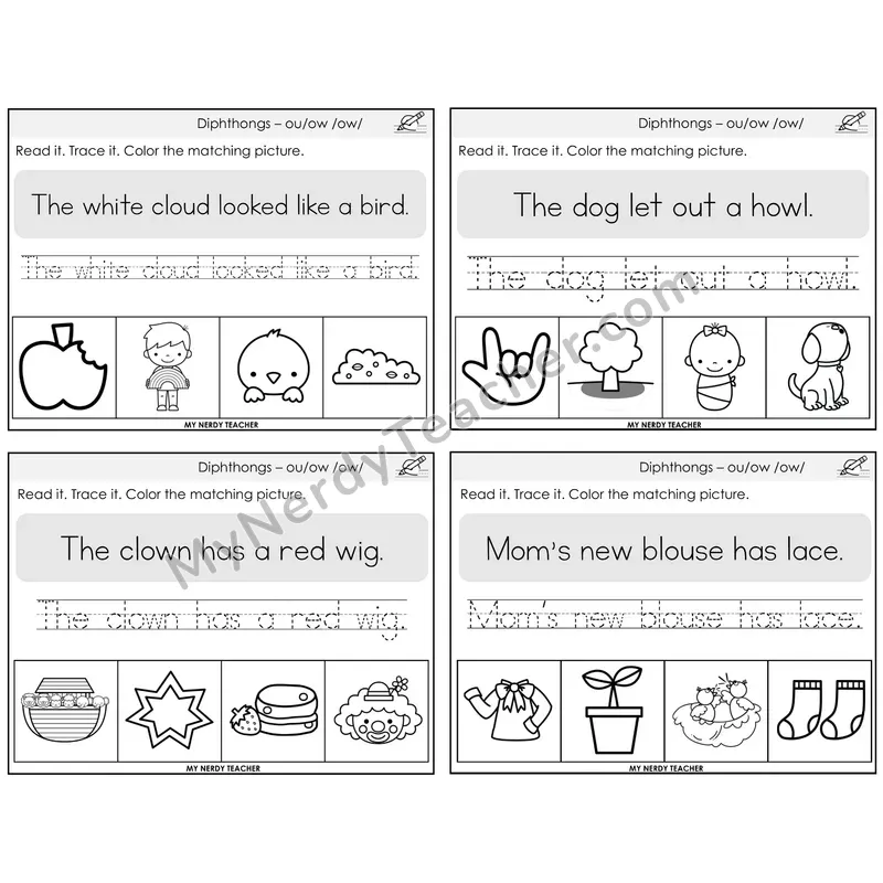 Diphthong OU and OW Read It Trace It Color It Task Cards — Decodable Sentences