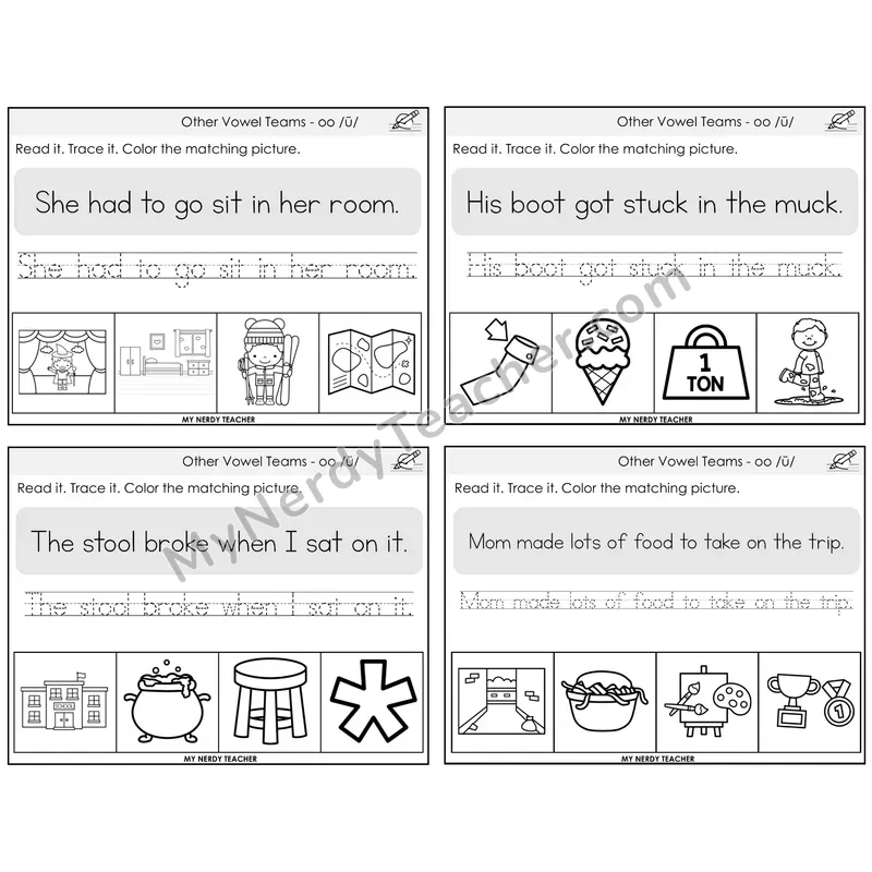 Long OO (/ū/) Read It Trace It Color It Task Cards — Decodable Sentences