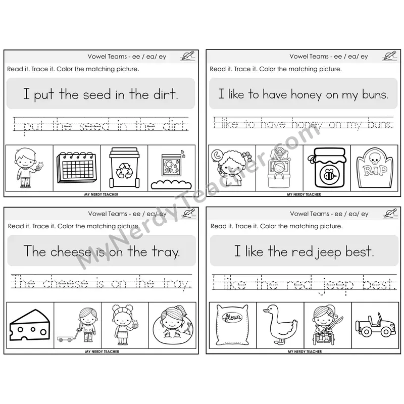 Long E Vowel Teams (ee, ea, ey) Read It Trace It Color It Task Cards — Decodable Sentences