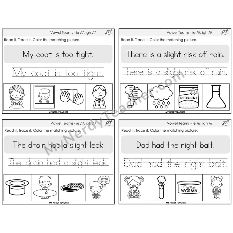 Long I Vowel Teams (ie, igh) Read It Trace It Color It Task Cards — Decodable Sentences