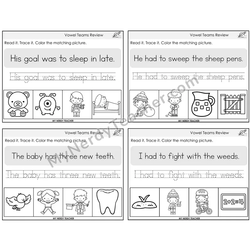 Long Vowel Teams Review Read It Trace It Color It Task Cards — Decodable Sentences