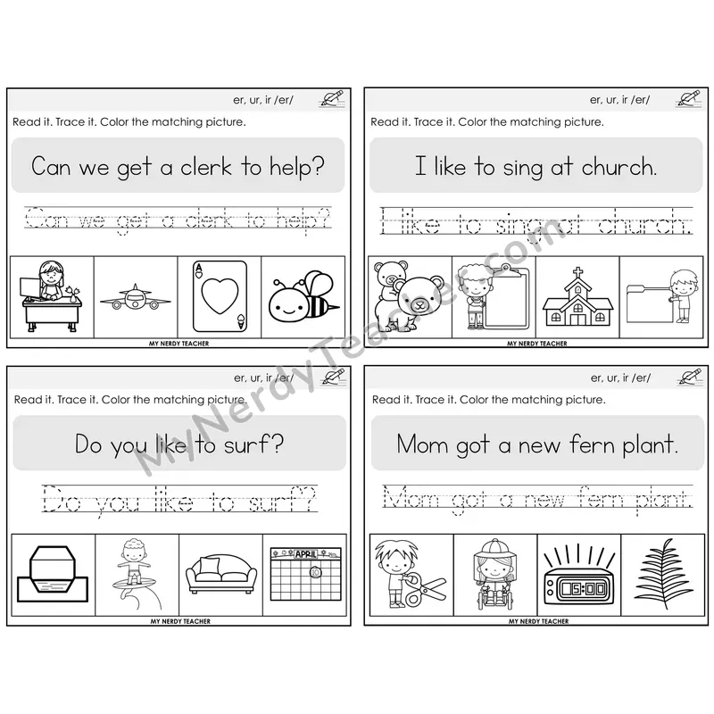 R-Controlled ER, UR, IR Read It Trace It Color It Task Cards — Decodable Sentences