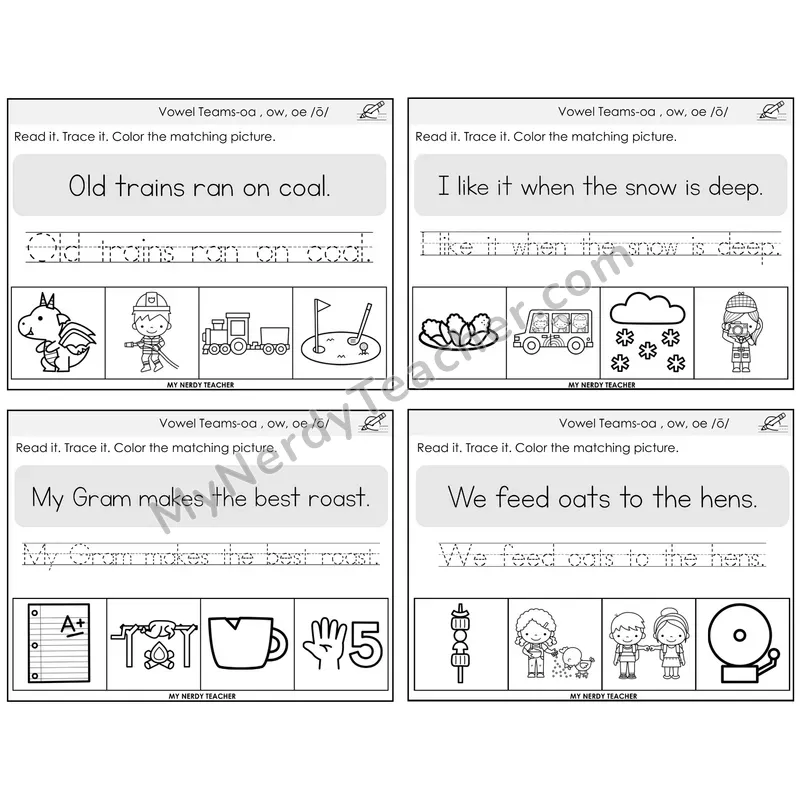 Long O Vowel Teams (oa, ow, oe) Read It Trace It Color It Task Cards — Decodable Sentences