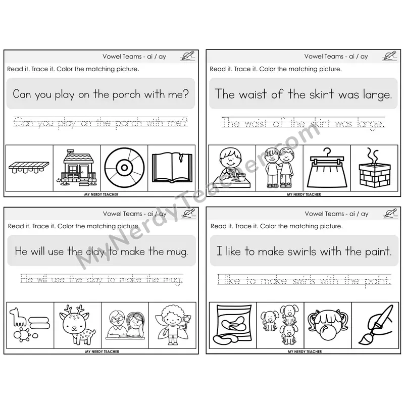 Long A Vowel Teams (ai, ay) Read It Trace It Color It Task Cards — Decodable Sentences