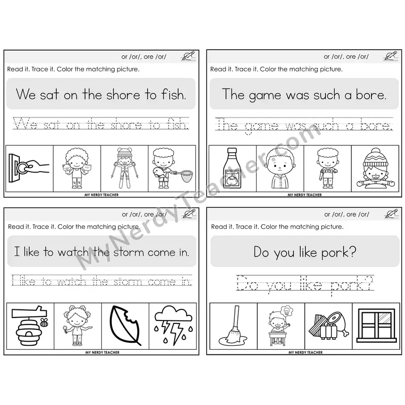 R-Controlled OR and ORE Read It Trace It Color It Task Cards — Decodable Sentences
