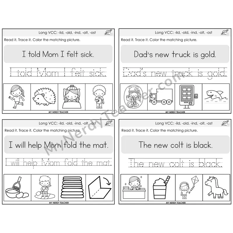 Long VCC Patterns Read It Trace It Color It Task Cards — Decodable Sentences