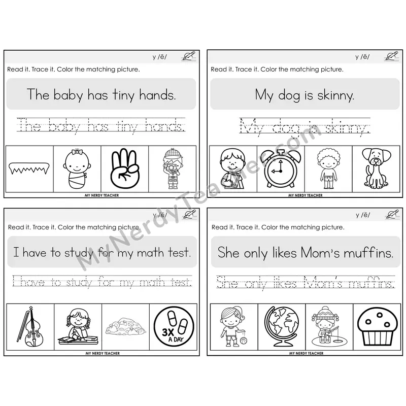 Y as Long E Read It Trace It Color It Task Cards — Decodable Sentences