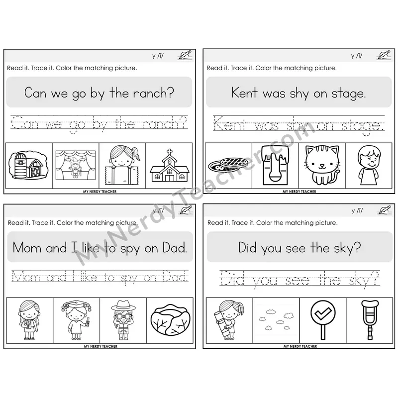 Y as Long I Read It Trace It Color It Task Cards — Decodable Sentences