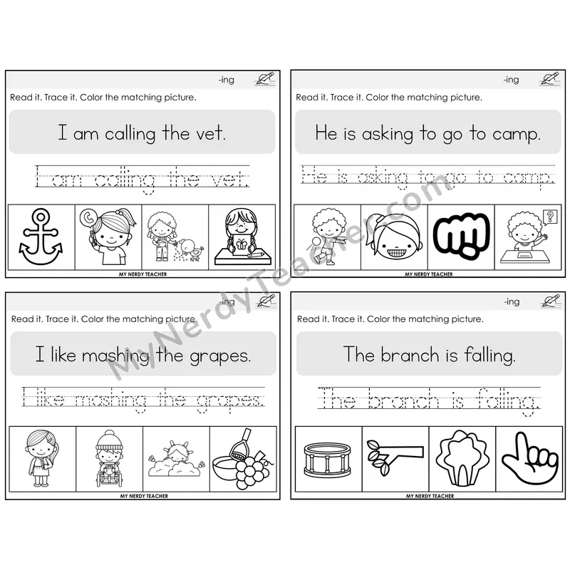 Suffix -ing Read It Trace It Color It Task Cards — Decodable Sentences