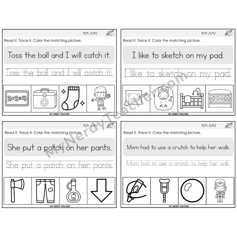 TCH Trigraph Read It Trace It Color It Task Cards — Decodable Sentences