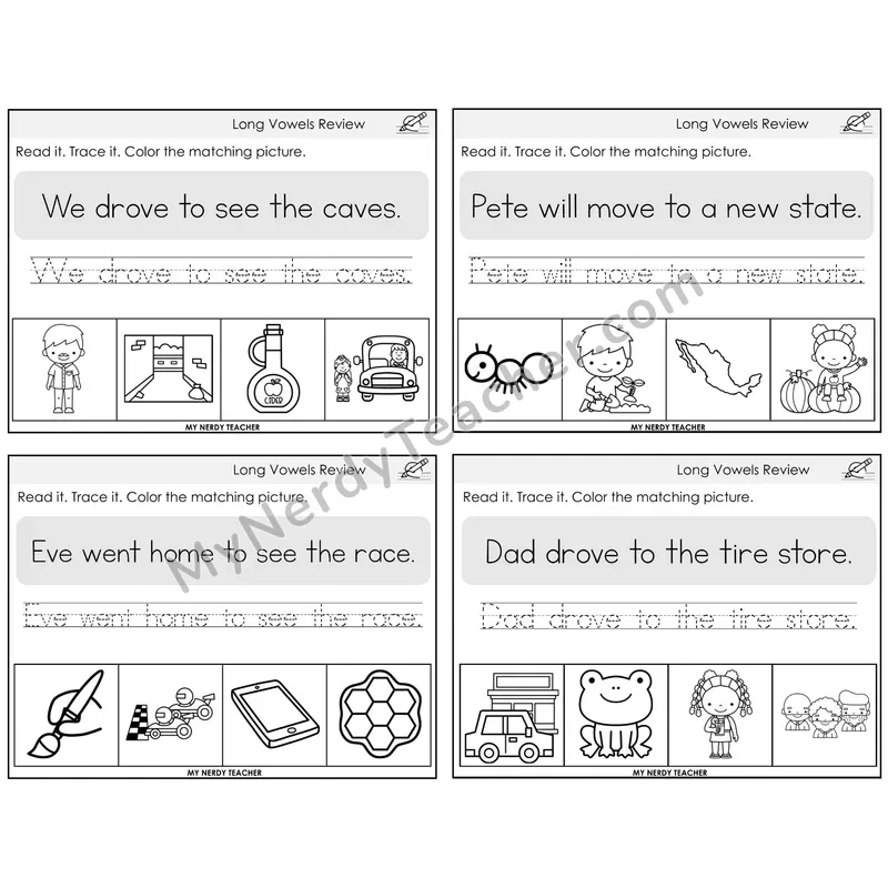 Long Vowels Review Read It Trace It Color It Task Cards — Decodable Sentences