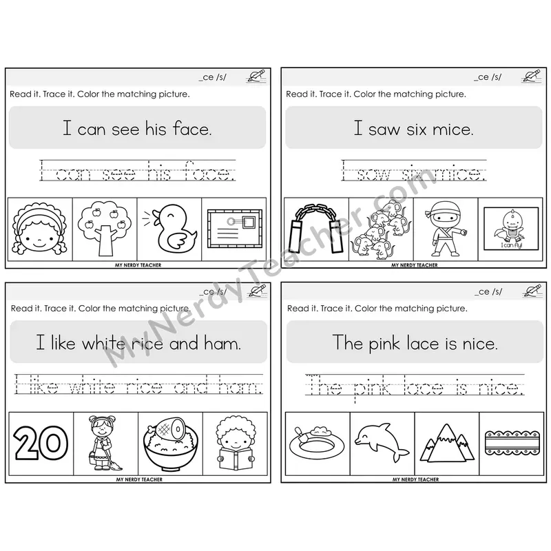 Soft C (_ce) Read It Trace It Color It Task Cards — Decodable Sentences