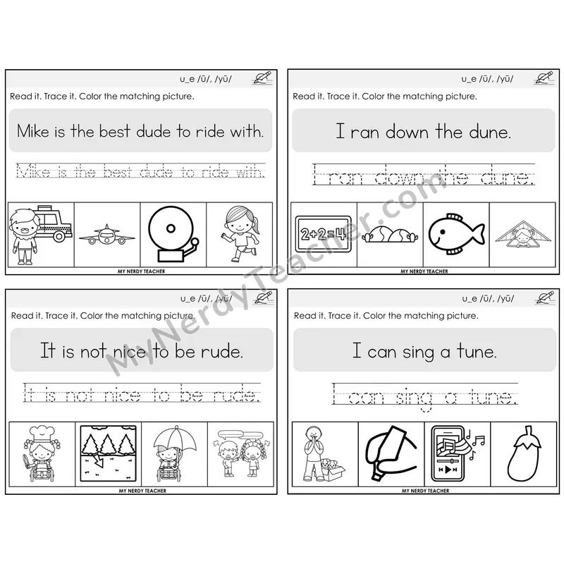 Long U VCe (u_e) Read It Trace It Color It Task Cards — Decodable Sentences