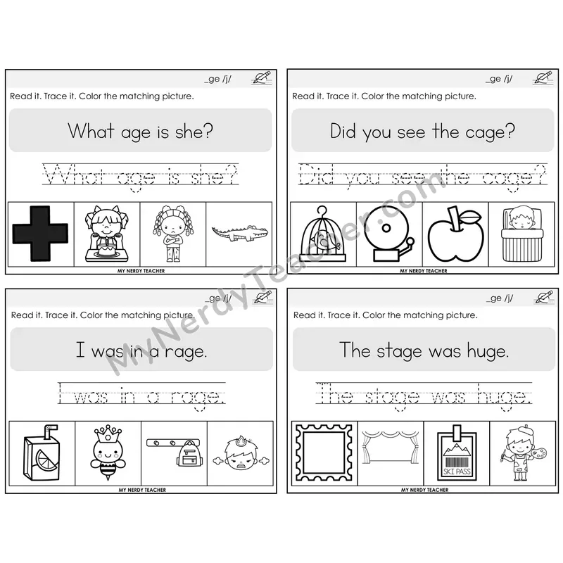 Soft G (_ge) Read It Trace It Color It Task Cards — Decodable Sentences