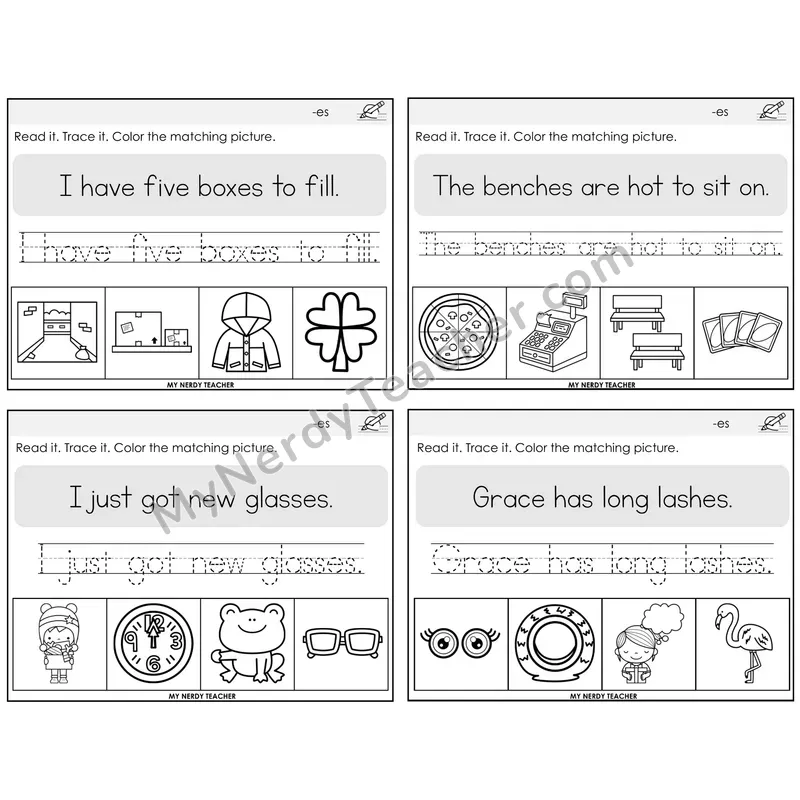 Suffix -es (Inflectional) Read It Trace It Color It Task Cards — Decodable Sentences