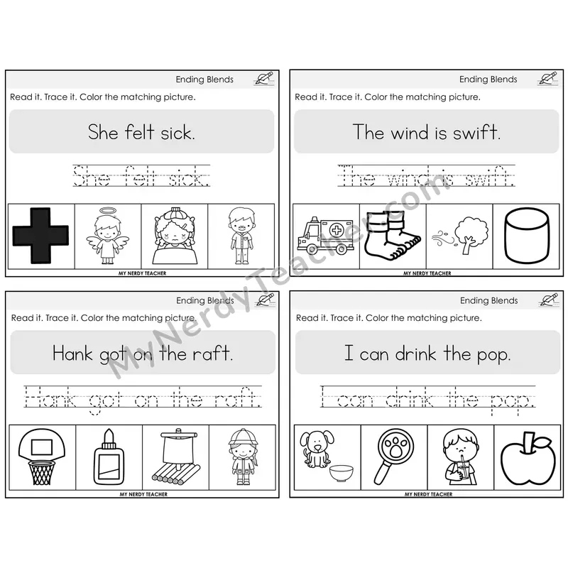 Ending Blends Read It Trace It Color It Task Cards — Decodable Sentences