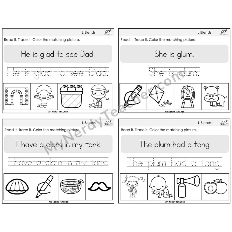 L Blends Read It Trace It Color It Task Cards — Decodable Sentences