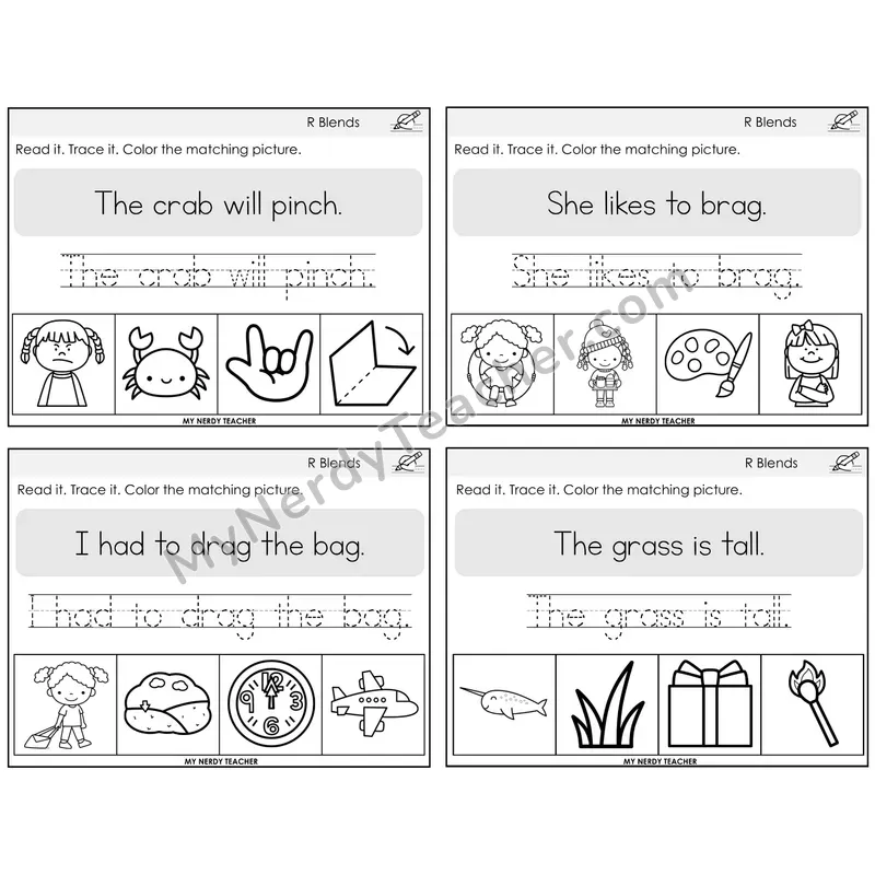 R Blends Read It Trace It Color It Task Cards — Decodable Sentences