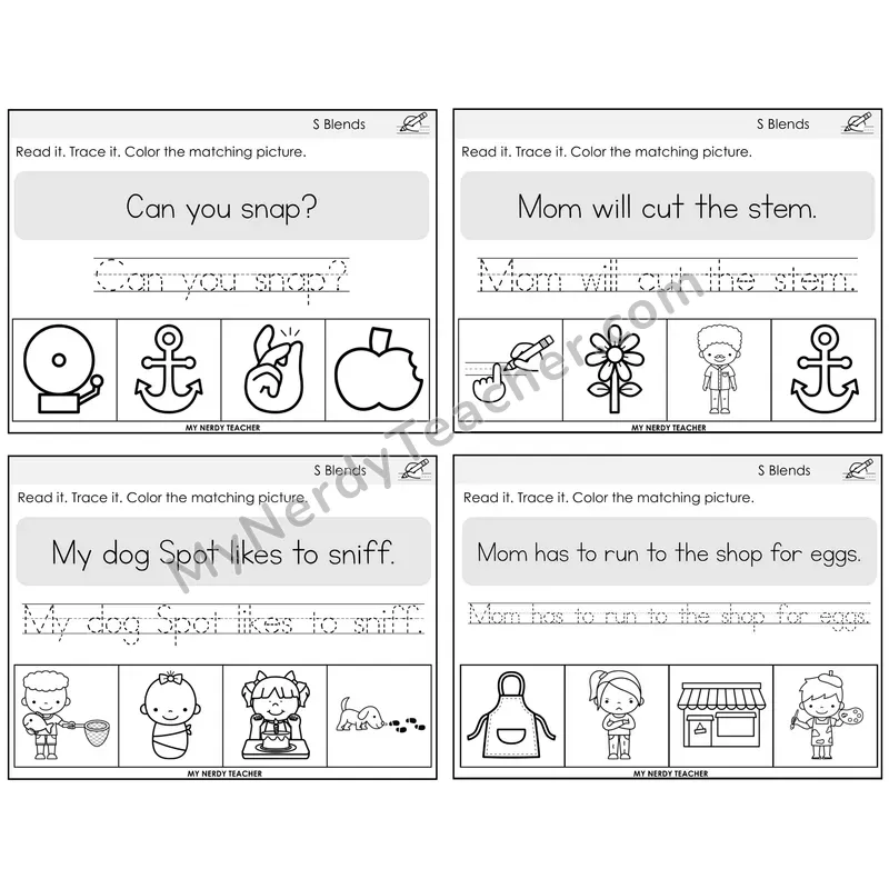 S Blends Read It Trace It Color It Task Cards — Decodable Sentences