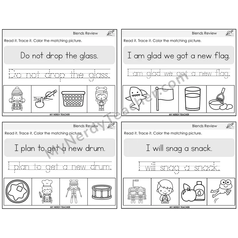 Blends Review Read It Trace It Color It Task Cards — Decodable Sentences