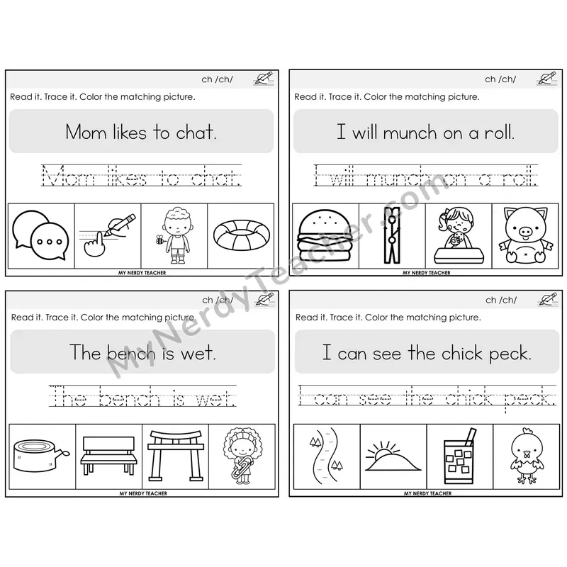 CH Digraph Read It Trace It Color It Task Cards — Decodable Sentences
